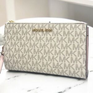 Michael Kors Large Jet Set Travel Double Zip Wallet Powder Blush Multi